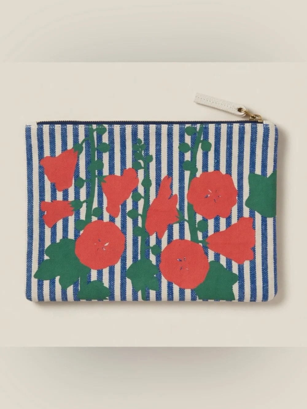 Clare V Orange Red Flower Accents Blue & White Stripe Canvas Pouch Clutch 8”X12” - Picture 1 of 6